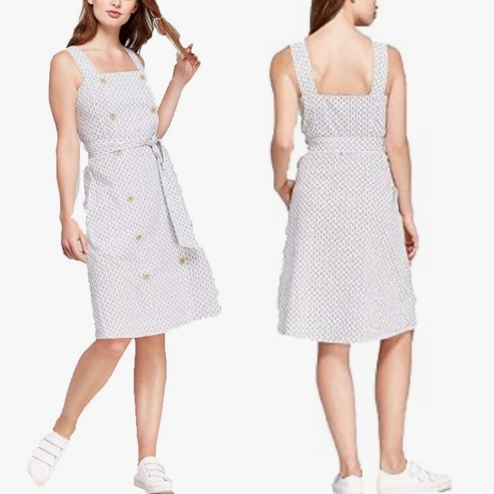 A New Day Linen Geo Print Double Breasted Sleeveless Apron Dress Cream Small - Picture 3 of 10